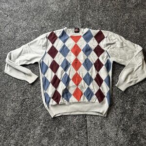 Nick Danger Sweater Mens L Gray Argyle Diamond Grandpa Crewneck Pullover